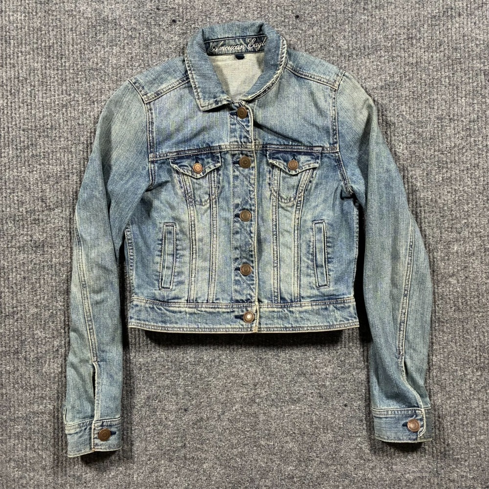 American Eagle Cropped Button Front Jean Jacket Womens Size Medium Blue Denim
